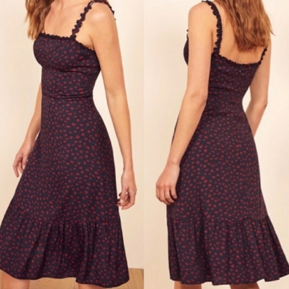 REFORMATION Virgil Dress Navy/Red Floral Print Ruffle Strap GRANADA Crepe Midi - Picture 8 of 16